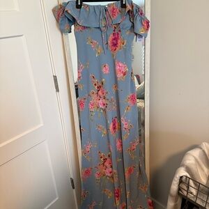 wild fable Slate Blue Floral Off-Shoulder Dress with Pink & Yellow Blooms